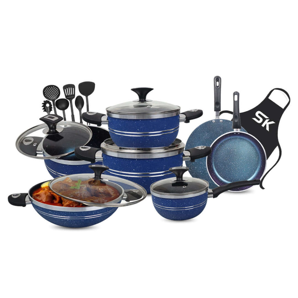 SK Cookware Marble Coated Gift Pack Daisy Set -16 Pieces (Blue)